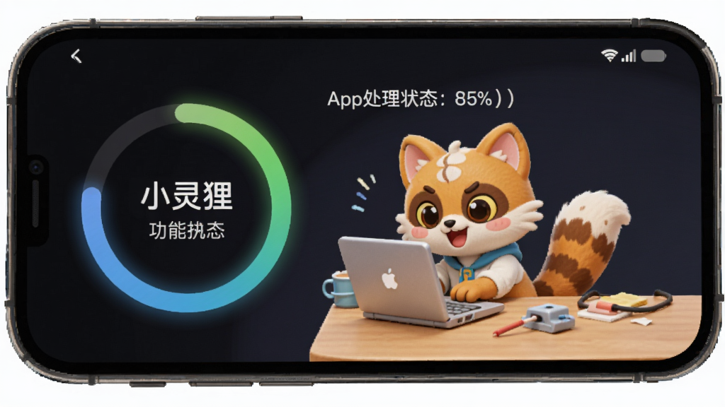 手机屏幕显示“小灵狸”App的功能执行进度界面,圆形进度条正在转动,旁边有文字提示当前处理状态,界面中央是灵狸卡通形象在忙碌工作,布局简洁,风格轻松活泼,细节清晰,画质干净明亮