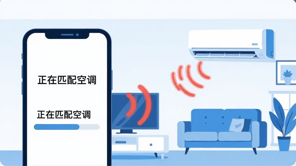 一张表现“万能遥控器连接”自动匹配码库场景的插画,画面左侧是手机屏幕显示“正在匹配空调”和进度条,右侧是一台壁挂空调,两者之间有红色信号波纹连接,背景为居家客厅简化场景,风格扁平清新,色彩以蓝白为主,画质干净,无多余元素