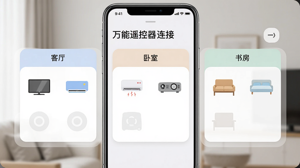 一张表现“万能遥控器连接”多设备分组管理界面的手机截图风格图,手机屏幕内显示“客厅”“卧室”“书房”三个分组标签,每个标签下排列着电视、空调、投影仪的小图标,界面以卡片形式呈现,配色柔和,风格简洁现代,画质清晰,无多余元素