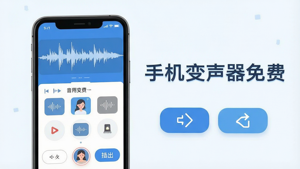 一张展示「手机变声器免费」录音变声功能的界面图,画面中手机屏幕显示录音波形和音效选择列表,旁边有导出和分享按钮,图中标注「手机变声器免费」字样,风格清新扁平化,以蓝色和白色为主,布局清晰,画质干净,无多余元素
