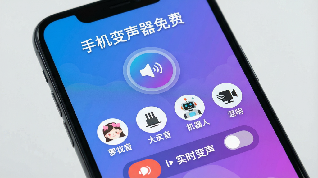 一张手机屏幕特写图,画面中央是「手机变声器免费」APP的主界面,顶部显示软件名称「手机变声器免费」,中间是圆形变声按钮和多个音效图标(萝莉音、大叔音、机器人、混响等),底部是录音和实时变声切换选项,整体采用蓝紫渐变配色,风格轻松活泼,界面布局清晰,画质干净,无多余元素