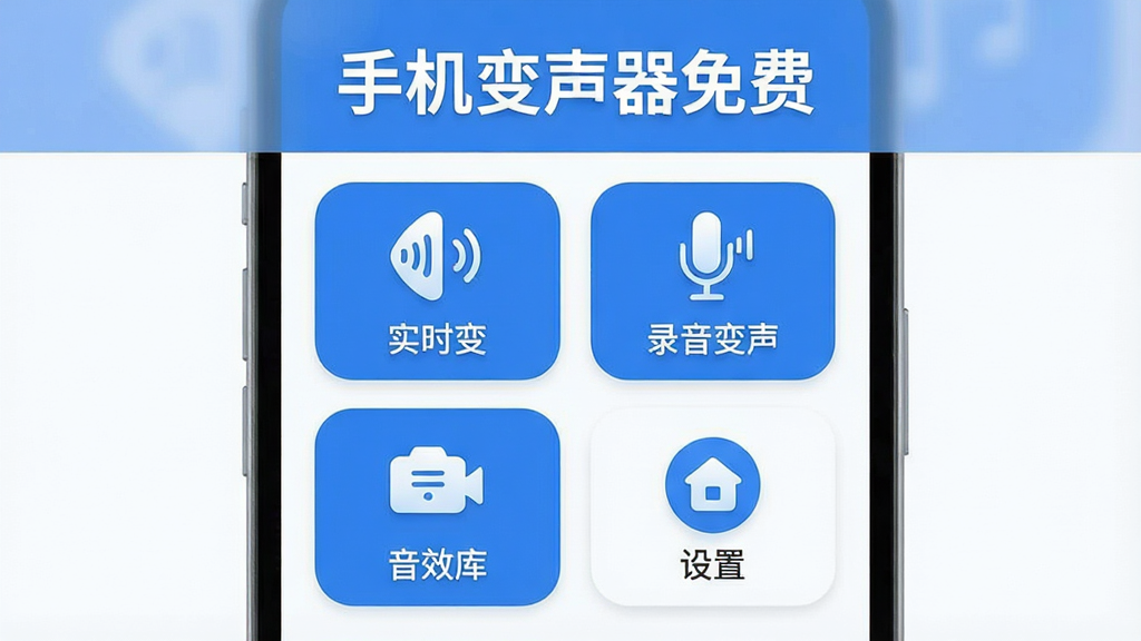 一张「手机变声器免费」软件界面布局示意图,画面展示手机屏幕上的主界面,包含实时变声、录音变声、音效库、设置四个主要功能入口,界面以蓝色和白色为主色调,图标圆润,文字标签清晰,风格现代扁平,画质干净,无多余元素