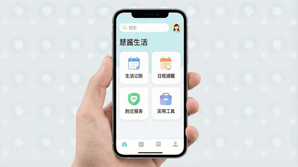 һ���ֻ�Ӧ�ý���չʾͼ�����������ǡ��۽����App�������棬������ˬ��ǳɫ������Բ��ͼ����ƣ����������������û�ͷ���м���������������������ˡ��ճ����ѡ���������ʵ�ù����ĸ�����ģ�鿨Ƭ��ÿ����Ƭ���м��ı�ƽ��ͼ�꣬�ײ�Ϊ���������������ִ���Լ��ϸ�ڸɾ������������޶���Ԫ��