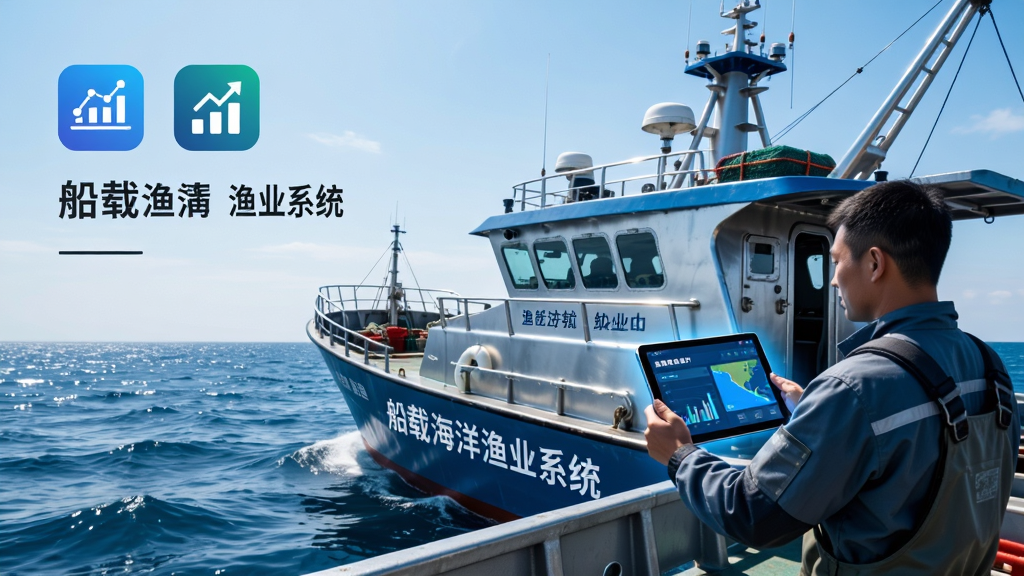 画面主体为一艘行驶在蔚蓝海面上的现代化渔船,船身侧面印有“船载海洋渔业系统”字样,甲板上船员正拿着平板电脑操作界面,屏幕显示渔获统计和航线地图。布局上渔船位于画面中下部,海面占下半部分,天空占上半部分。排版采用横向构图,左侧留白放置软件图标和名称文字。风格为写实海洋摄影风,细节上突出海水质感、船体金属反光和屏幕蓝光,画质高清干净,无多余元素。