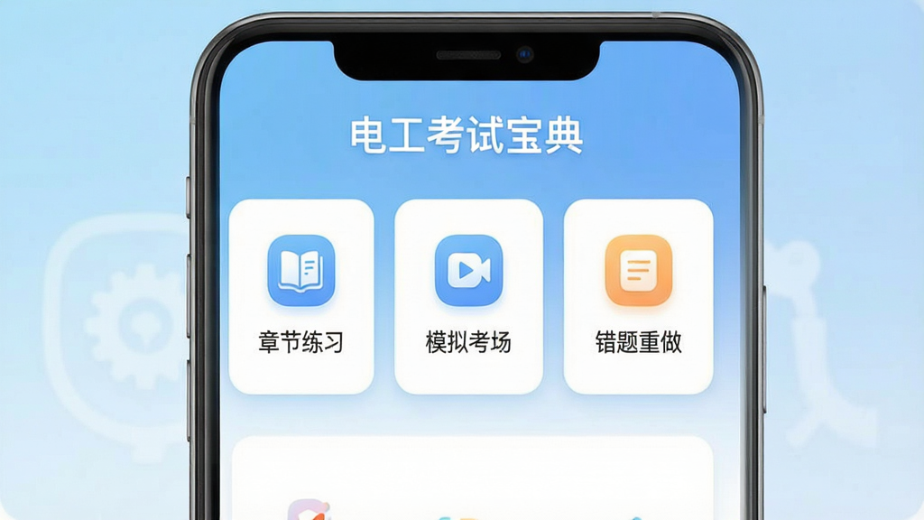 һ���ֻ�Ӧ�ý���չʾͼ�����������ǵ繤���Ա���APP�������棬������ʾ�������ơ��繤���Ա��䡱���·��������࿨Ƭ���������½���ϰ����ģ�⿼�����������������ȹ�����ڣ�����Ϊǳ��ɫ���䣬���沼��������࣬����ִ���ƽ����ͼ��Բ�󣬻��ʸɾ��������޶���װ��Ԫ��