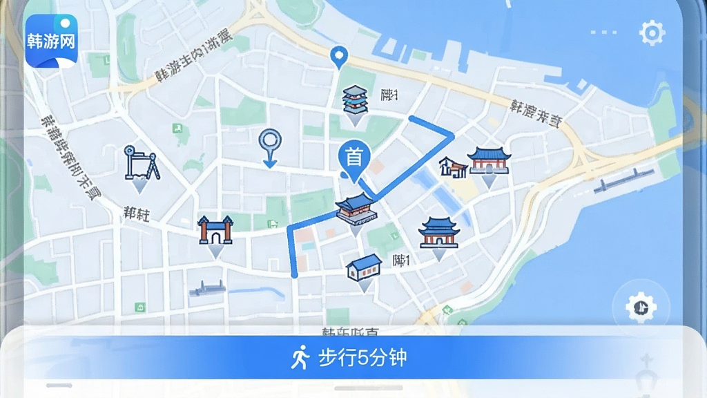 ������App�����ĵ�ͼ����ʾ��ͼ����ͼ�ϱ�ע���׶��������ŵر꣬�ײ���ʾ������5���ӡ���·����ʾ������������ɫ��Ϊ���������ˬ������ɾ������С���������Сͼ��