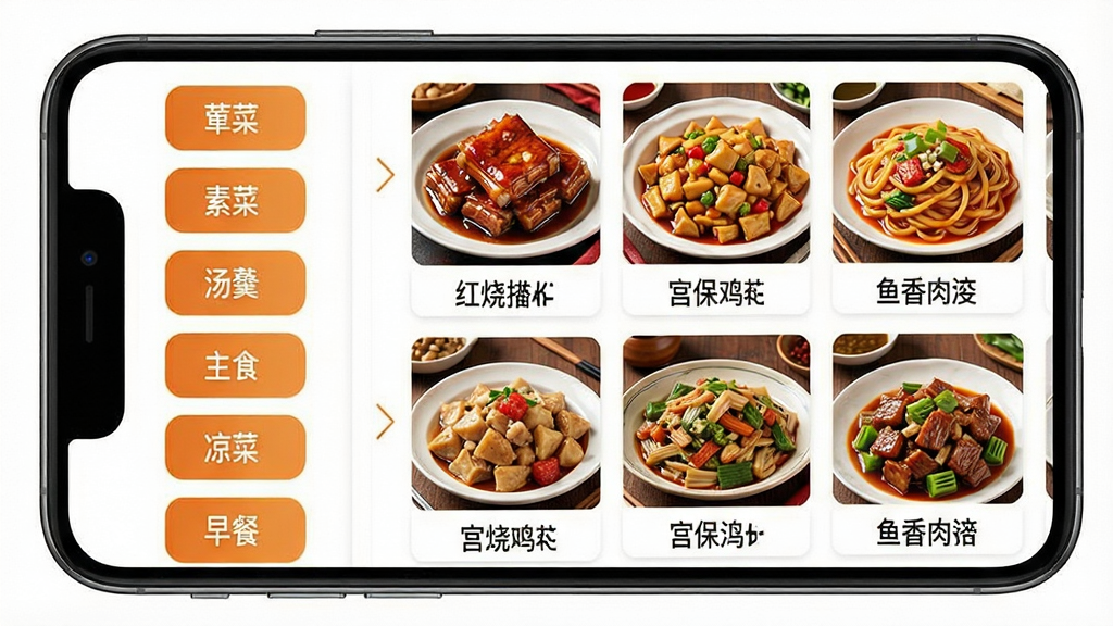 һ�żҳ���ʳ��App����ҳ����ֻ�����չʾͼ���������ֻ���Ļ��ʾ�����б���������ű�ǩΪ��ˡ��زˡ���������ʳ�����ˡ���ͣ��Ҳ�չʾ��˷����µĲ�Ʒ����ͼ���񣬰��������Źǡ�����������������˿�Ȳ�ƷͼƬ�����ƣ�������ɫΪů��ɫ���ɫ���䣬��������죬���ʸɾ����޶���װ��Ԫ��