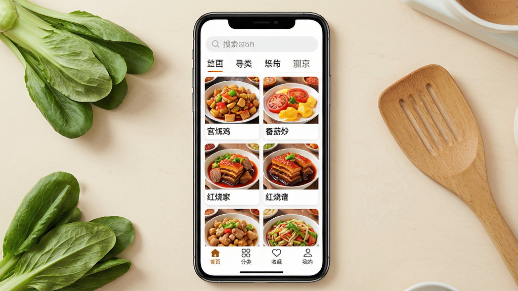 һ��չʾ�ҳ���ʳ��App��������ֻ���ͼ�������������ֻ���Ļ����Ļ����ʾApp��ҳ��������������ͷ����ǩ���м��ǹ������������ѳ�����������ȼҳ��˿�Ƭ���񲼾֣�ÿ�ſ�Ƭ���Ʒʵ��ͼ�Ͳ������ײ�Ϊ��ҳ�����ࡢ�ղء��ҵ��ĸ�����ͼ�꣬����Ϊǳ��ɫ����̨�棬�Աߵ�׺������˺�һ��ľ�����������дʵ�����ʸɾ��������޶���Ԫ��