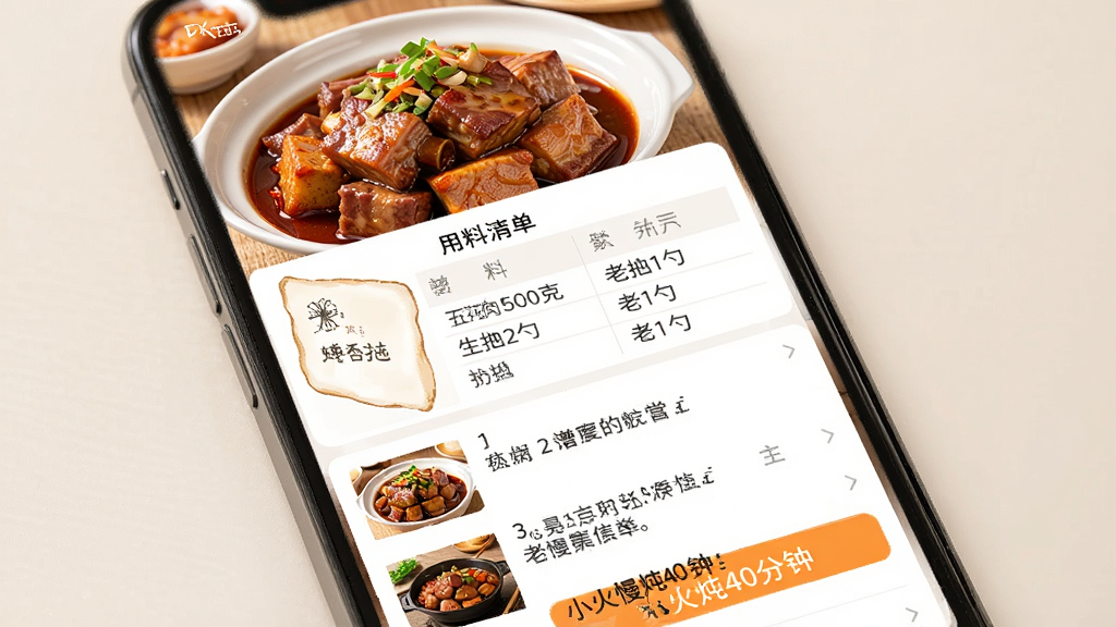 һ�żҳ���ʳ��App��������ҳ���ֻ�����չʾͼ����Ļ����ʾ������������飬����Ϊ��Ʒ��ͼ���·��������嵥���񣬰����廨��500�ˡ�����2�ס��ϳ�1�׵ȣ��������ǲ����б���ÿ����Сͼ������˵��������һ���ó�ɫ������ע��С������40���ӡ��������Ű����룬�����ܰ�Ӽң����������ɾ���������Ԫ��