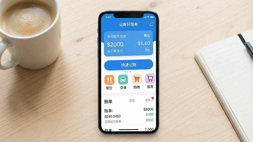一张手机应用界面展示图,画面中央是一部现代智能手机,屏幕上显示着“记帐好简单”APP的主界面,界面采用清爽的蓝白配色,顶部有当日收支汇总卡片,中间是快捷记账按钮和常用分类图标(餐饮、交通、购物等),底部为账单列表预览,背景是浅色木质桌面,旁边放着一杯咖啡和一本笔记本,整体风格简洁明快,画质干净清晰,无多余装饰元素