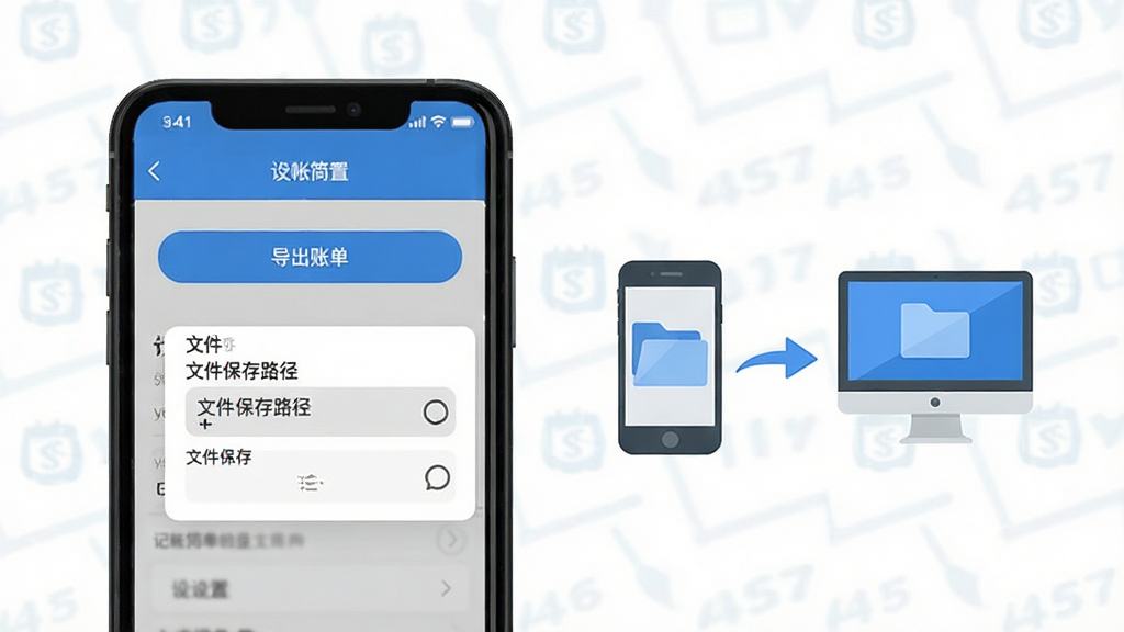 一张“记帐好简单”APP数据导出功能的操作示意图,手机屏幕上显示设置页面中的“导出账单”按钮和文件保存路径选择弹窗,画面旁边用简洁的图标示意手机与电脑之间的文件传输,整体风格扁平化,配色以蓝白为主,画质干净清晰,无多余装饰元素