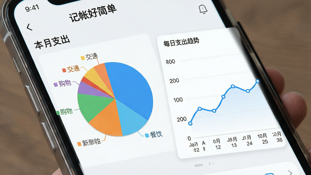 一张“记帐好简单”APP统计页面的示意图,手机屏幕上显示本月支出饼状图和每日支出趋势折线图,饼图用不同颜色区分“餐饮”“交通”“购物”等分类占比,折线图下方有日期标注,界面整体为浅色背景配蓝色数据线条,风格简洁专业,画质干净清晰,无多余装饰