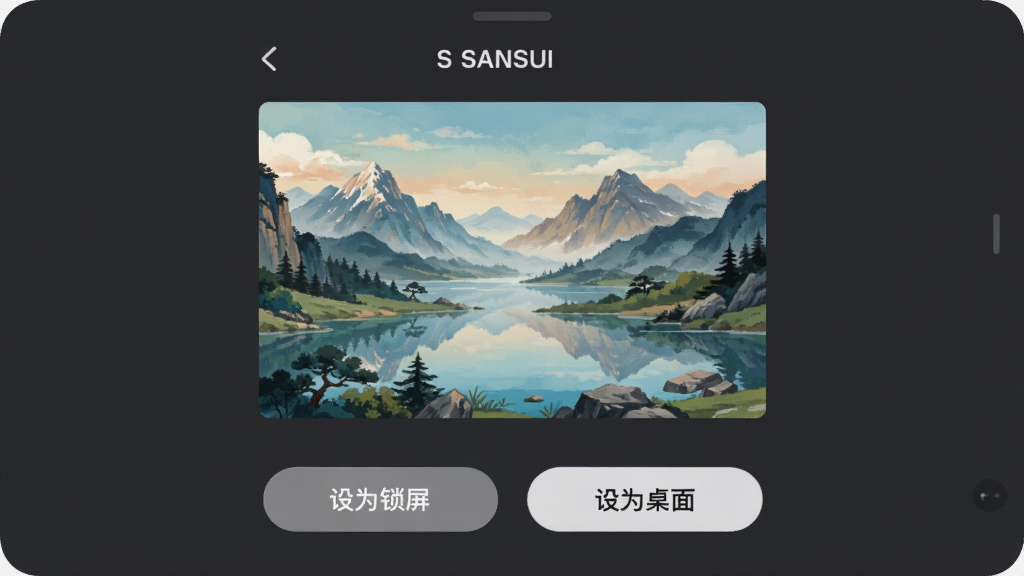 һ��չʾS SANSUI��ֽԤ�����ܵ��ֻ����棬��Ļ������һ��������ɽˮ����ֽԤ��Ч�����·��С���Ϊ�������͡���Ϊ���桱����Բ�ǰ�ť�����汳��Ϊ���ɫ��ͻ����ֽɫ�ʣ����Ϊ�ִ���ƽ����ƣ�ϸ��Բ�󣬻���������������Ԫ��
