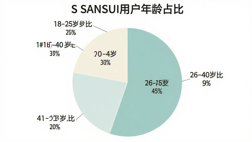 һ��չʾS SANSUI�û�����ֲ��ı�״ͼ��ͼ������Ϊ��S SANSUI�û�����ռ�ȡ���ͼ����ʾ18-25��ռ35%��26-40��ռ45%��41-60��ռ20%����ɫΪ��͵�����ɫ���װ�ɫ���䣬��������������ݱ�ǩ��ȷ�����ʸɾ�