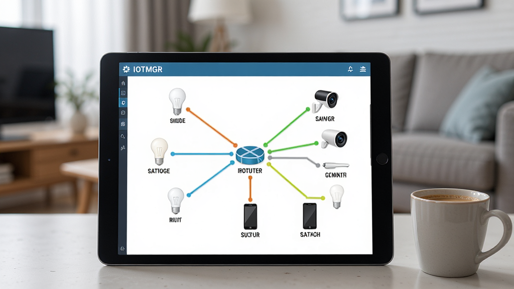 һ��չʾIOTMGR������ɨ�蹦�ܵ���ͼ��������һ��ƽ�������Ļ����Ļ����ʾ��IOTMGR��������ͼ���棬����������һ�����Ľڵ㣨����·����������Χ�ж����֧�ڵ㣨�������ܵ��ݡ�����ͷ���ֻ��ȣ����ڵ�֮�����������ӣ�������ɫ��ʾ������������Ļ�Ա߷���һ�����ȣ�������ģ���ļ�ͥ���������дʵ��ϸ�����������ʸɾ����޶���Ԫ�ء�