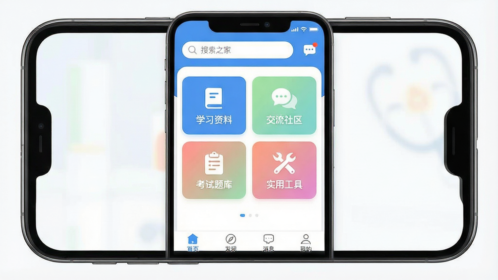 һ��չʾ��ҽ��֮�ҡ�App����������ֻ�����ͼ��������һ�������ֻ�����Ļ����ʾApp��ҳ���֣�����������������Ϣͼ�꣬�м��ǹ��ܿ�Ƭ��������ѧϰ���ϡ���������������������⡱��ʵ�ù��ߡ��ĸ���ɫ��ڣ��ײ�Ϊ��ҳ�����֡���Ϣ���ҵ��ĸ�ѡ����Ű��������������Ϊ��ˬ�ִ��ı�ƽ����ƣ���ɫ��Ϊ����ɫ����ǳ��ɫ��׺��ϸ��Բ�󣬻��ʸɾ����޶���Ԫ��