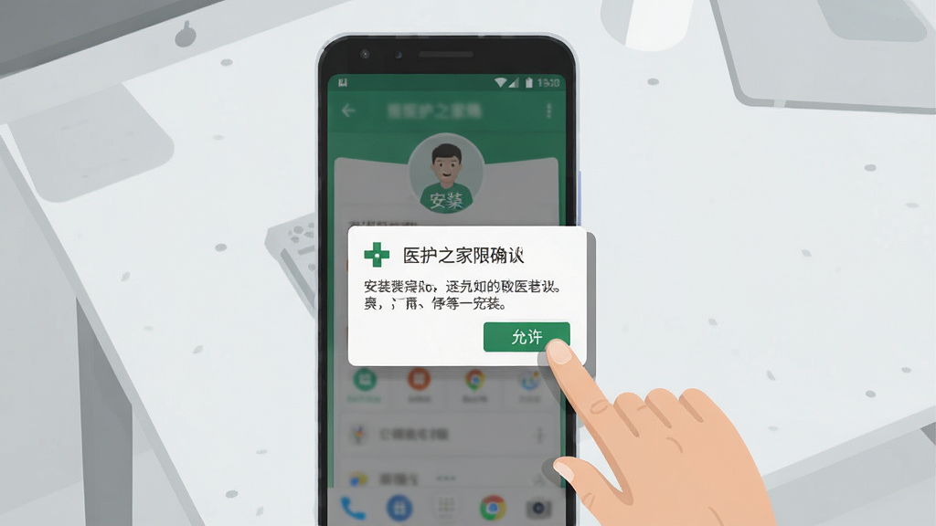 һ��չʾ��׿�ֻ���װ��ҽ��֮�ҡ�App���̵�ʾ��ͼ����������Ϊ�ֻ���Ļ������װȨ��ȷ�϶Ի����Ա�����ָ�������������ť�Ķ���ʾ�⣬����Ϊǳ��ɫ������棬���Ϊ��ƽ���廭�磬ϸ�����������ʸɾ����޶���Ԫ��