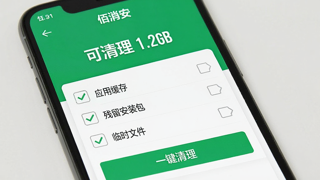 �ֻ���Ļչʾ����������APP����������ҳ�棬������ʾ�������� 1.2GB�����֣��м��Ƿ����б�������Ӧ�û��桱��������װ��������ʱ�ļ�����ÿ��ǰ���й�ѡ�򣬵ײ�����ɫ��һ����������ť�������԰׵��̵�׺Ϊ������������������࣬���ʸɾ����޶���Ԫ��