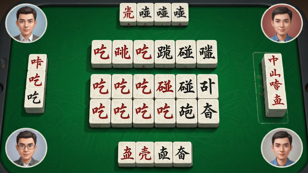 微壳跑胡子游戏对局进行中,画面聚焦牌桌中央的跑胡子字牌组合,主体是红黑字牌形成的“吃碰”牌型,布局为牌桌俯视视角、四周环绕四位玩家头像,排版突出中央牌组与剩余牌堆,风格为写实棋牌桌面质感,细节上牌面纹理清晰、带有轻微阴影立体感,画质明亮干净、无多余装饰元素