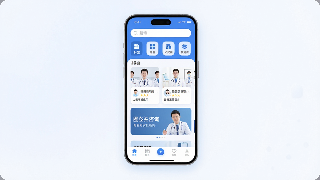 ����ҽ��App������ȫòչʾ������������һ�������ֻ�����Ļ����ʾ����ɫ���Ľ�����ѯӦ����ҳ���������������Ϳ��ҷ���ͼ�꣬�в���ҽ���б���Ƭ��ͼ����ѯ��ڣ��ײ�Ϊ������������Ϊ�ɾ�ǳɫ���䣬����ִ���ƽ����ϸ��Բ�����������ʸɾ��������޶���װ��Ԫ��