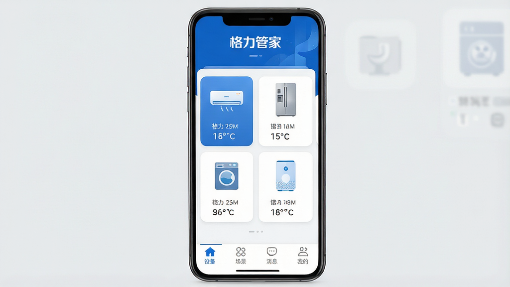һ��չʾ�������ܼҡ�App��������ֻ�����ͼ�������������ֻ���Ļ����Ļ����ʾ�����ܼ�App��ҳ�������С������ܼҡ����ֱ�ʶ�͸���Ʒ����ɫ�����м��Ǽ�ͥ�豸��Ƭʽ���֣������յ������䡢ϴ�»���������������ͼ�꣬ÿ����Ƭ�·���ʾ�豸״̬���¶���ֵ���ײ�Ϊ�豸����������Ϣ���ҵ��ĸ�����ѡ������������ִ���������ɫΪ������ƽ����ƣ�Բ��ͼ�꣬���ʸɾ��������޶���Ԫ�أ�����Ϊǳ��ɫ��ɫ