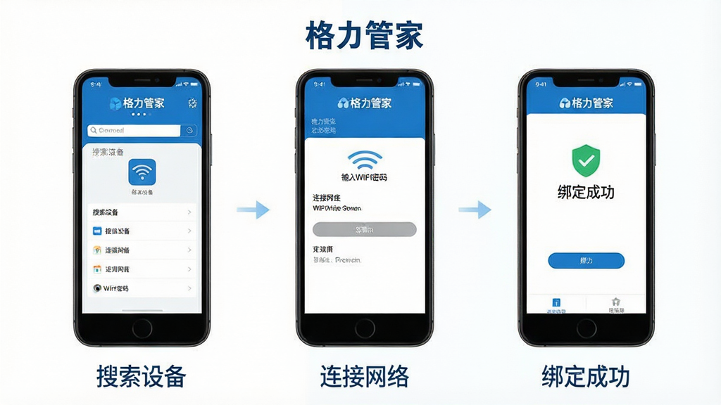 һ��չʾ�������ܼҡ�App�豸�����̵�ʾ��ͼ������Ϊ�ֻ���Ļ�ֲ���ͼ���У���һ����ʾ�����豸���棬�ڶ�����ʾ����WiFi������棬��������ʾ�󶨳ɹ����棬��Ļ�Ϸ��С������ܼҡ����ֱ�ʶ��ÿ���·��м�����ֱ�ע�������豸�����������硱���󶨳ɹ�����������̳�ͼ��У�������ɫ����ƽ����ƣ����ʸɾ��������޶���Ԫ��