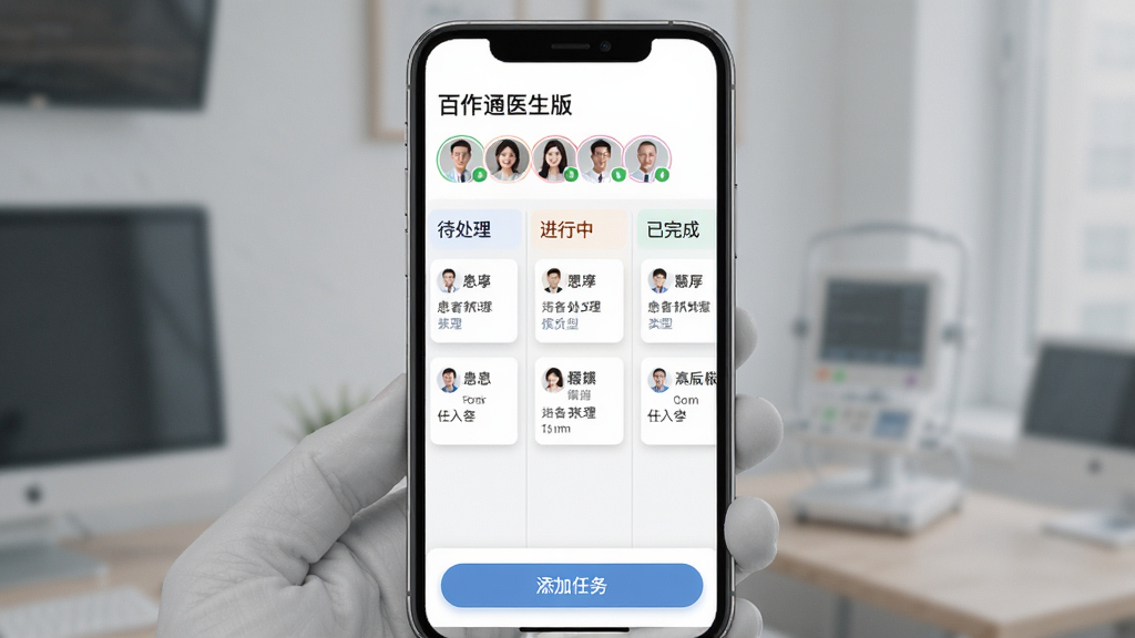 ��ҽͨҽ�����Ŷ�Э�����ܽ��棬�ֻ���Ļչʾ����Э����ҳ�棬������ʾЭ�������ƺͳ�Աͷ���б����м������񿴰��Ϊ�������������С���������У���Ƭ�ϱ�ע�����������������ͣ��ײ�����������ť��������Ƽ�����򣬲��ÿ�Ƭʽ���ֺ������Ӱ�����������ɾ�