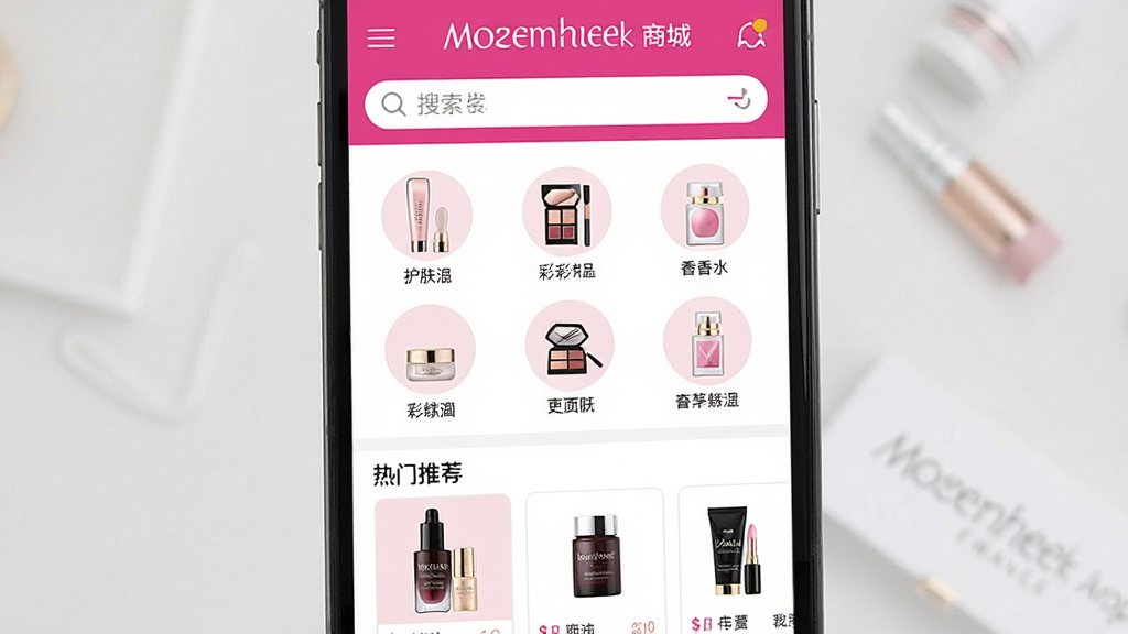 һ���ֻ���Ļչʾõ�տ��̳�App��ҳȫò��������Ʒ�Ʒ�ɫϵ������������м��ǻ�������ױ����ˮ�ȷ���ͼ���������У��·������Ų�Ʒ�Ƽ���Ƭ�����岼�ָɾ���ˬ������ִ���ԼŮ�Ի�����������ϸ�壬�޶�������Ԫ��