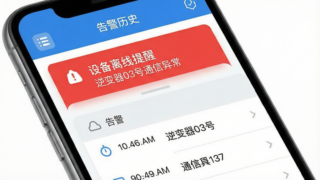 光储管家应用告警推送界面示意图,手机屏幕显示一条红色告警通知卡片,卡片上写有“设备离线提醒”和“逆变器03号通信异常”字样,下方是告警历史列表,每条记录带有时间戳和设备名称,界面风格清爽,蓝白灰配色,图标简洁,画质干净无多余元素