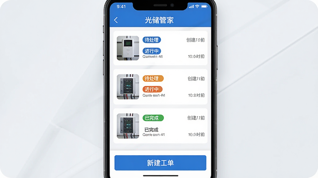 光储管家运维工单功能展示图,手机屏幕内显示工单列表页面,每条工单带有状态标签如“待处理”“进行中”“已完成”,旁边有设备缩略图和创建时间,屏幕下方有“新建工单”按钮,整体布局清晰,配色为蓝白搭配浅灰背景,风格商务简洁,画质干净无多余元素