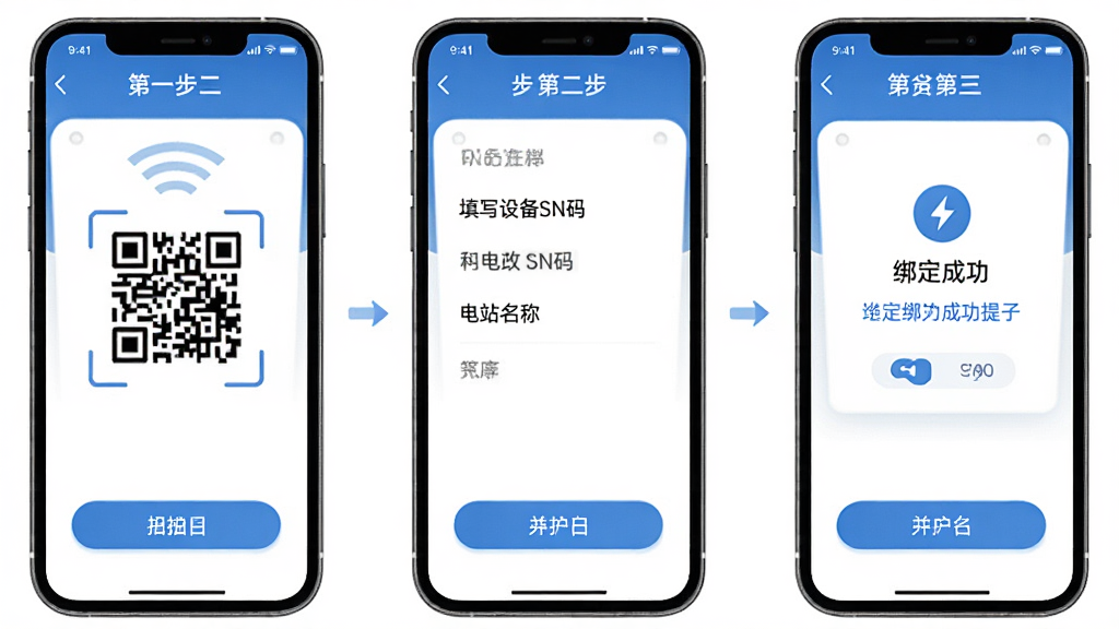 光储管家设备绑定操作流程示意图,手机屏幕分三步展示:第一步扫描设备二维码,第二步填写设备SN码和电站名称,第三步绑定成功提示页面,界面以蓝白为主色调,按钮为圆角矩形,图标线条简洁,背景干净,画质清晰无多余元素