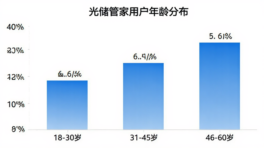 光储管家用户年龄分布柱状图,横轴为年龄段“18-30岁”“31-45岁”“46-60岁”,纵轴为用户占比百分比,柱体为蓝色渐变,图表标题为“光储管家用户年龄分布”,背景白色干净,数据标签清晰,风格扁平简洁,画质干净无多余元素