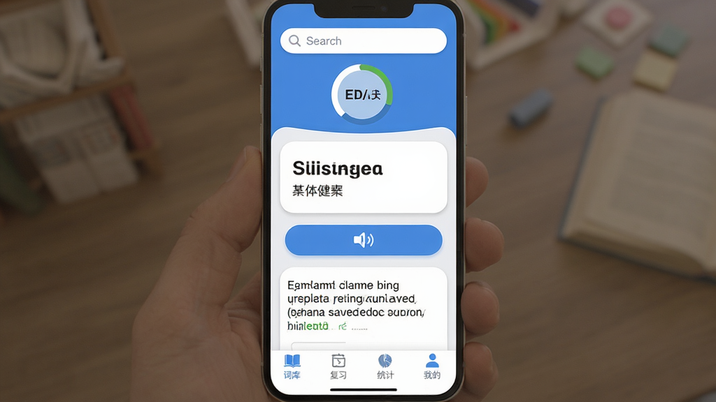 ���ﱳ����App������ȫò���ֻ���Ļ����չʾ��������������ÿ��ѧϰ���Ȼ����в�Ϊ���ʿ�Ƭ��ʾ���ﵥ�ʼ��������壬�·��з�����ť���������򣬵ײ�������Ϊ�ʿ⡢��ϰ��ͳ�ơ��ҵ��ĸ���ǩ�����岼������������ɫ������ƽ����Ʒ�񣬽���ɾ��޹�浯����ϸ��Բ�󣬻����������޶���Ԫ��