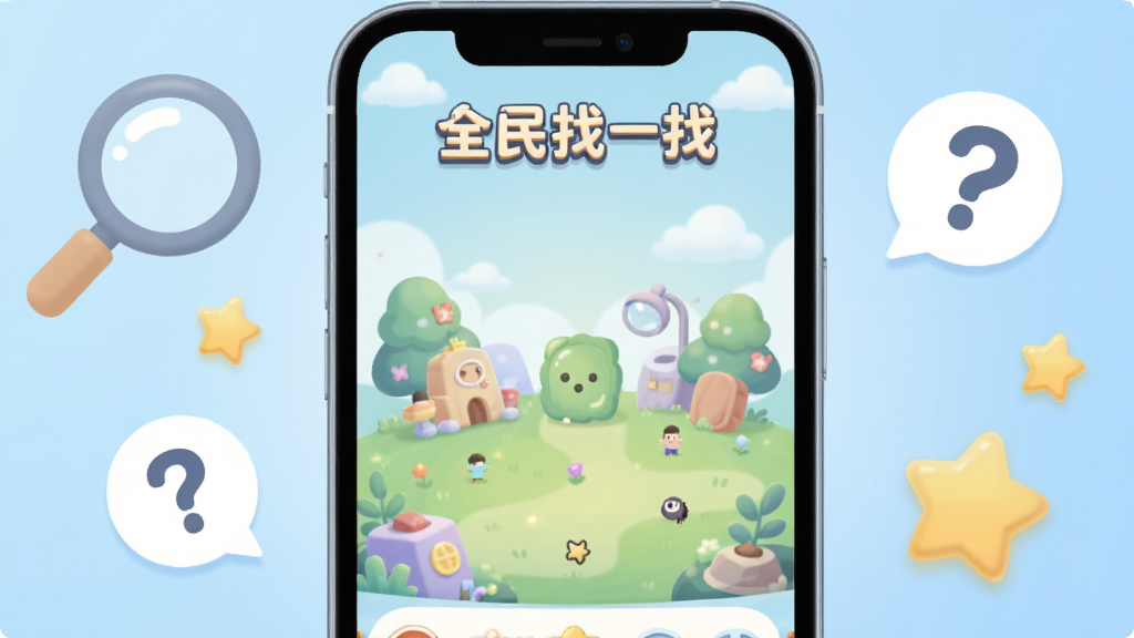 画面中央是一张手机屏幕特写,屏幕里显示着“全民找一找”的游戏主界面,界面上有色彩柔和的卡通插画场景,场景中藏着几个细微的差异点,屏幕周围环绕着放大镜、问号气泡和几颗星星图标,背景是浅蓝色的渐变,整体风格是扁平化插画风,细节处有柔和的光晕,画质干净清晰,无多余元素