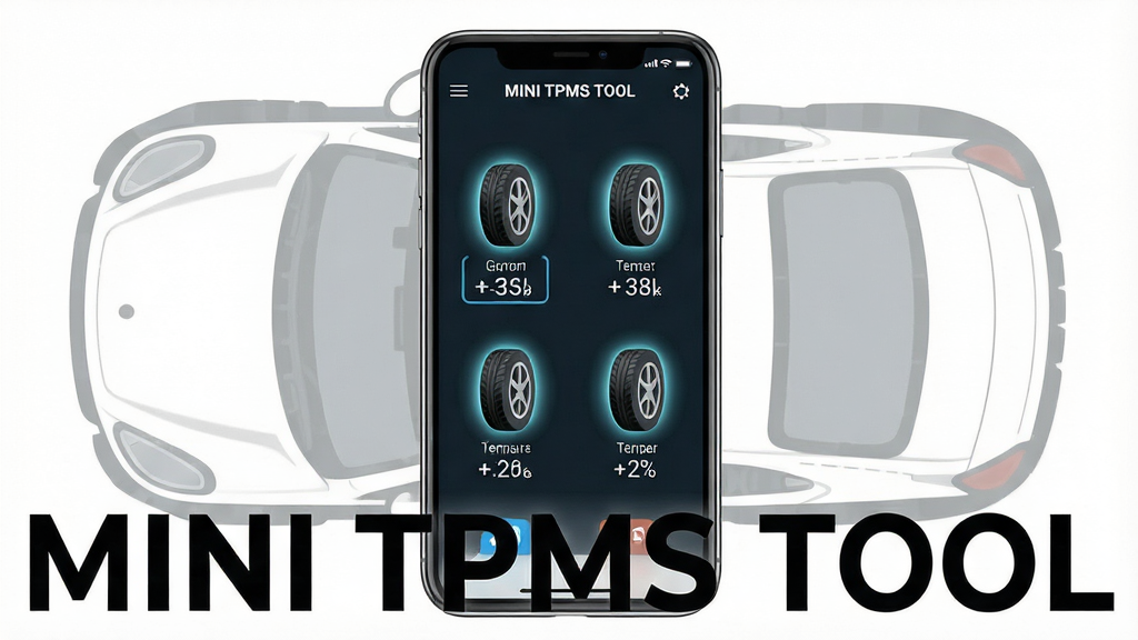 һ��չʾ MINI TPMS TOOL ��������ȫò��ͼƬ������������һ�������ֻ�����Ļ����ʾ�ż���̥ѹ�����棬�ĸ���̥��ͼ��ֱ��ע����ѹ���¶���ֵ��������һ�������ĸ���ͼ���������ֻ����У�����������Ϊ���ƣ��Ű�����ֱ�ۣ����Ϊ�ִ���ƽ���Ƽ��磬ϸ������̥ͼ�����΢����Ч�������������������������ʸɾ����壬�޶���Ԫ�أ�ͼƬ�д����֡�MINI TPMS TOOL����