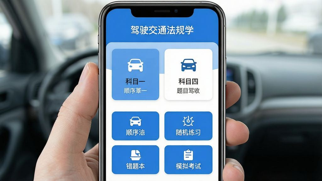 һ���ֻ�Ӧ�ý���չʾͼ�����������ǡ���ʻ��ͨ����ѧ��App�������棬������ʾ�������ơ���ʻ��ͨ����ѧ�����м��ǿ�Ŀһ�Ϳ�Ŀ�ĵ������ڿ�Ƭ���·�������˳����ϰ�������ϰ�����Ȿ��ģ�⿼���ĸ����ܰ�ť������������ɫ��Ϊ�����������ˬ�����ֹ��������������ɾ����޶���װ��Ԫ��
