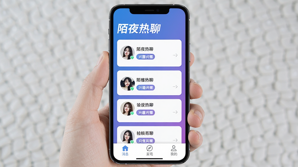 �ֻ���Ļ����չʾ�罻�������棬������ʾ��İҹ���ġ��ĸ��֣��м��ǿ�Ƭʽ�û��Ƽ��б���ͷ�����Ȥ��ǩ�����ɼ����ײ�����Ϣ�����֡��ҵ�����������ť���������Ͻ�����ɫ�������ˬ�ִ������ʸɾ��޶���Ԫ��