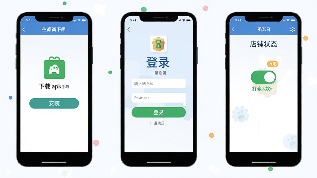 ��Լ�̼Ұ氲װʹ�ò���ʾ��ͼ���ͼƬ��������������ŵ��ֻ���Ļ����һ����Ļ��ʾ����apk�ļ������װ�Ľ��棬�ڶ�����Ļ��ʾ��¼ҳ�����˺����룬��������Ļ��ʾ����Ӫҵ״̬�����Ѵ򿪵���ҳ��������Ϊ��ƽ����Ϣͼ����ɫ���죬ͼ���࣬���ʸɾ������ұ���