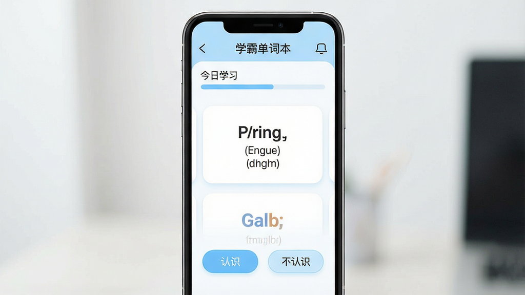 һ���ֻ�Ӧ��������չʾͼ������������һ�������ֻ�����Ļ����ʾ��ѧ�Ե��ʱ���APP��ҳ�������С�����ѧϰ�����������м��ǵ��ʿ�Ƭ������ʾӢ�ĵ��ʺ����꣬�ײ��С���ʶ��������ʶ������Բ�ǰ�ť��������ɫΪǳ���Ͱ�ɫ����������£�ϸ��Բ�󣬻��ʸɾ����޶���Ԫ��