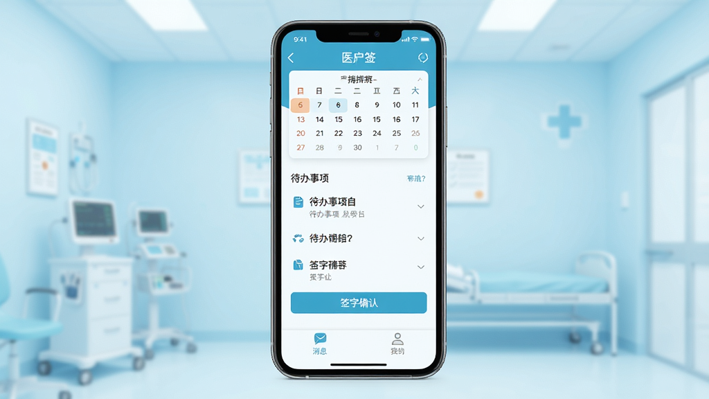 һ��չʾҽ��ǩӦ�ú��Ľ�����ֻ�����ͼ�������������ֻ���Ļ����Ļ����ʾҽ��ǩApp����ҳ���������Ű�������Ƭ���м��Ǵ��������б���ǩ��ȷ�ϰ�ť���ײ�����Ϣ���ҵ�ѡ�������Ϊ�ɾ���ǳ��ɫҽ�Ʒ�񣬷���ִ���ƽ��ϸ�����������ʸɾ��޶���Ԫ��