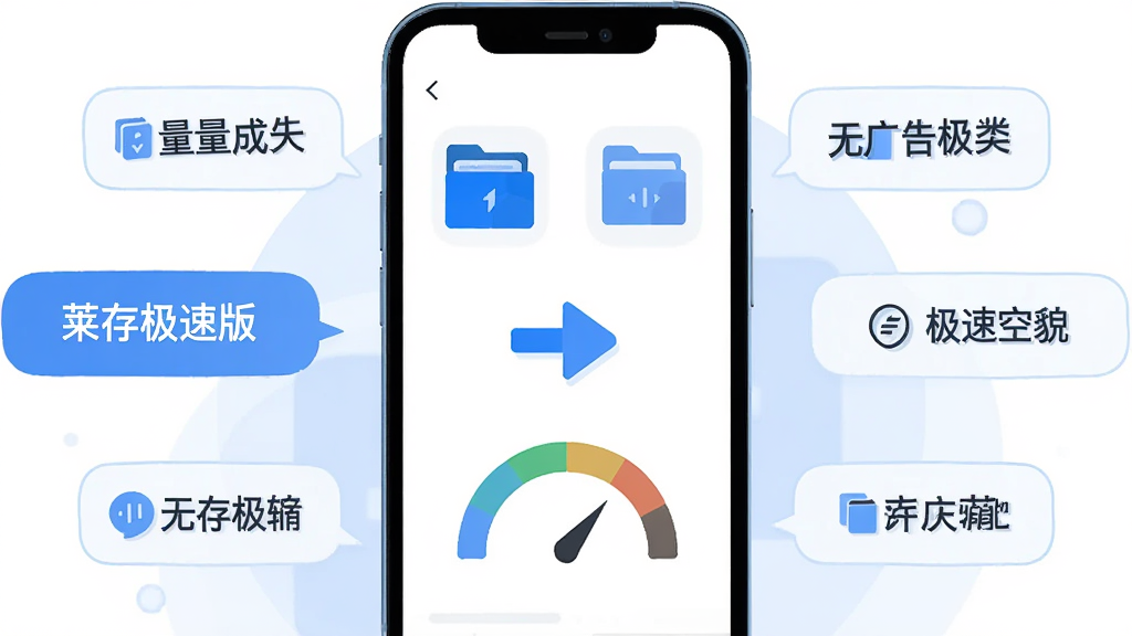 莱存极速版功能全貌示意图,手机屏幕中展示文件分类图标、传输箭头和存储空间仪表盘,周围环绕轻量、无广告、极速等文字标签,蓝白主色调,扁平插画风格,画面干净无多余元素