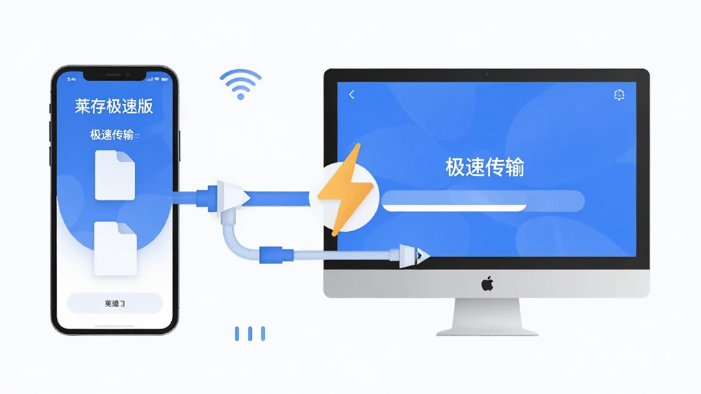 莱存极速版极速传输功能展示,手机与电脑之间文件传输的示意图,中间有闪电图标和进度条,界面标注“极速传输”字样,蓝白配色,扁平化风格,画面干净整洁
