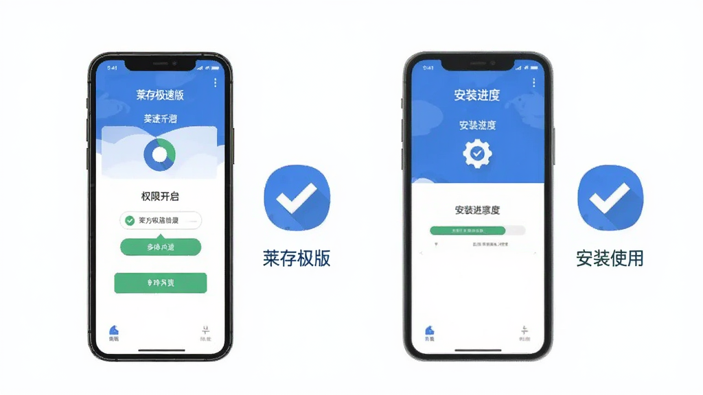 莱存极速版安装使用步骤示意图,手机屏幕展示权限开启和安装进度界面,旁边配有对勾和提示图标,蓝白配色,扁平风格,画面干净清晰