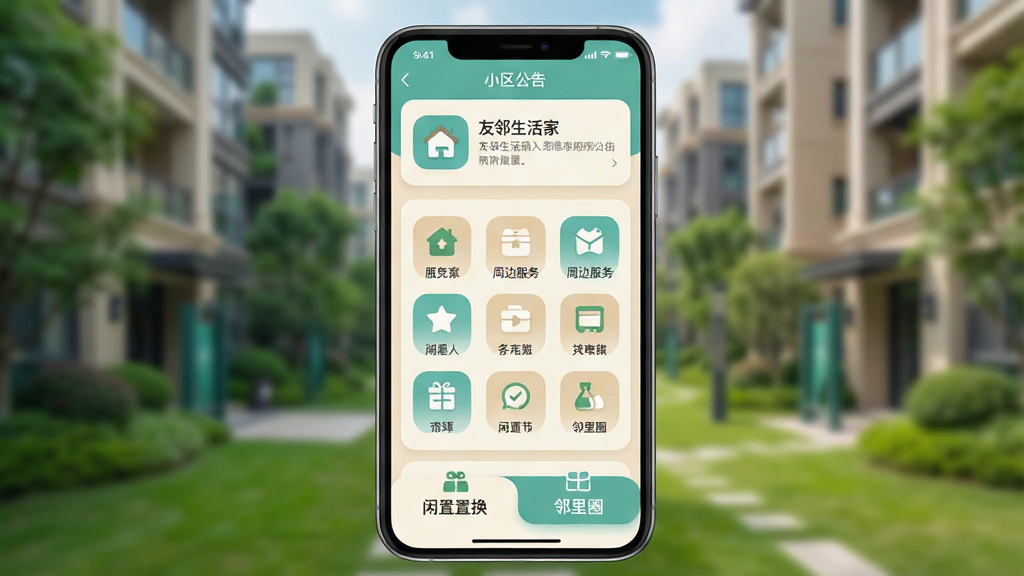 һ��չʾ����������ҡ�App��������ֻ���Ļ��ͼ������������һ�����Ŀ�Ƭʽ���֣�������С��������ڣ��м����ܱ߷���ͼ����󣬵ײ�Ϊ�����û�������Ȧѡ���������ɫΪ��͵��װ�������ɫ����������±�ƽ��ͼ��Բ������������Ϊ�黯���ִ�С���̻����������ʸɾ��������޶���װ��Ԫ��