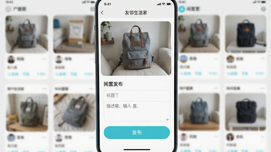 һ�š���������ҡ�App�������û����Ľ����ͼ������չʾһ����Ʒ����ҳ�棬�Ϸ�����Ʒ��Ƭ�ϴ������м��б��������������·��ǡ���������ť��������ɫΪǳ������������ťΪԲ����ƣ������黯��ʾ�����û�������������Ʒ��Ƭ�б��������ʵ�ã����������ɾ����޶�������װ��