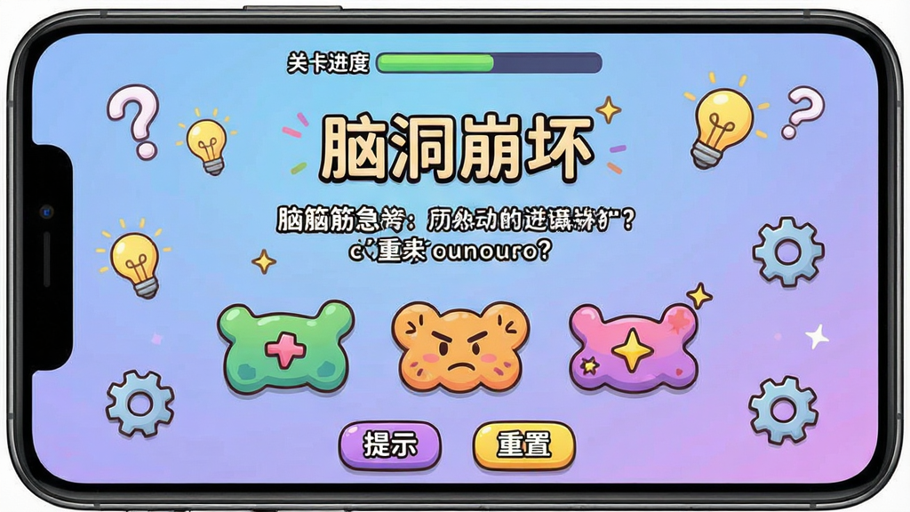 一张手机屏幕展示“脑洞崩坏”游戏主界面,画面中央是卡通风格的脑筋急转弯题目和几个奇形怪状的选项按钮,背景是柔和的蓝紫色渐变,周围漂浮着问号、灯泡、齿轮等解谜元素图标,界面布局清晰,顶部显示关卡进度,底部有提示和重置按钮,风格活泼轻松,画质干净明亮,无多余杂乱元素