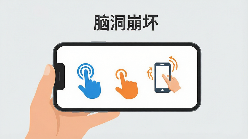 一张展示“脑洞崩坏”游戏操作方式的示意图,画面中一只手拿着手机,屏幕上显示手指点击、拖动和摇晃手机的图标,背景是简洁的浅灰色,图标用蓝色和橙色区分,风格扁平化,布局清晰,画质干净,无多余装饰元素