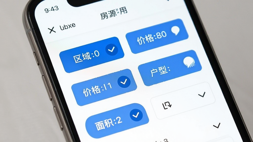 房产在线应用内的房源筛选界面展示图,画面主体为手机屏幕,屏幕内显示房产在线应用的筛选面板,面板上排列着区域、价格、户型、面积等筛选标签,标签被选中时呈现蓝色高亮,背景为白色,风格简洁明快,细节清晰,画质干净无多余元素