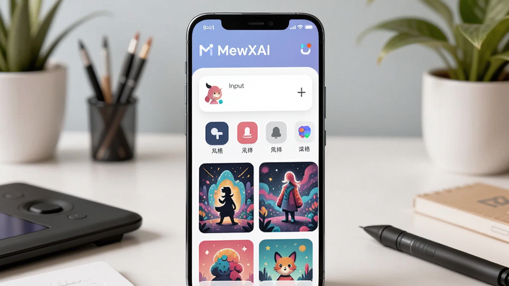 ����������һ��������׿�ֻ����ֻ���Ļ����ʾMewXAIӦ�������棬���涥���С�MewXAI�����ֱ�ʶ���м��ǻ滭���������ͷ��ѡ��Ƭ���·������ż���ɫ�����޵�AI���ɻ�������ͼ����������͵Ĺ��������棬�ڷ�����λ�ʺ���ֲ�������������ִ���ϸ��Բ�󣬻��ʸɾ��������޶���Ԫ��