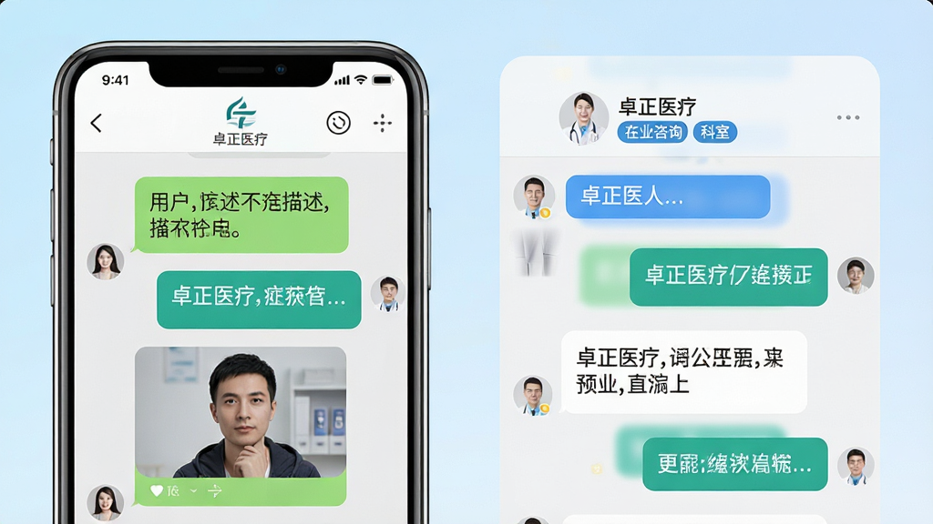 一张“卓正医疗”在线咨询功能展示图,画面左侧为手机聊天界面,显示用户发送症状描述和图片,右侧为医生回复的消息气泡,顶部有医生姓名与科室标签,背景为浅蓝色渐变,风格清爽干净,细节清晰,画质干净无多余元素